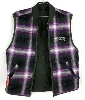 NWT Supreme Men's Purple/Olive Green Reversible Shadow Plaid Zip Vest - Size S