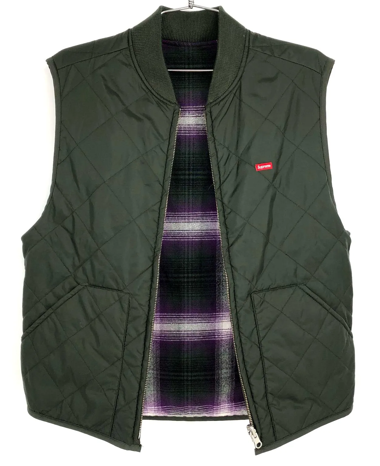 NWT Supreme Men's Purple/Olive Green Reversible Shadow Plaid Zip Vest - Size S