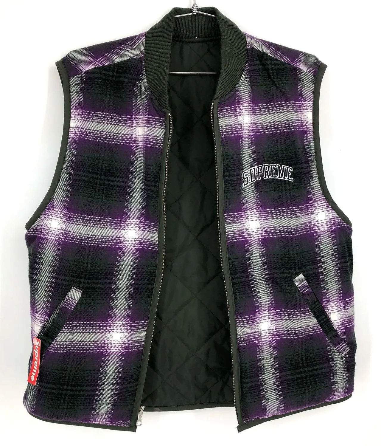 NWT Supreme Men's Purple/Olive Green Reversible Shadow Plaid Zip Vest - Size S