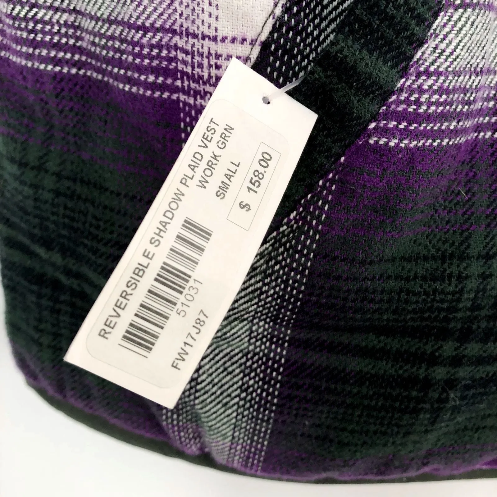 NWT Supreme Men's Purple/Olive Green Reversible Shadow Plaid Zip Vest - Size S