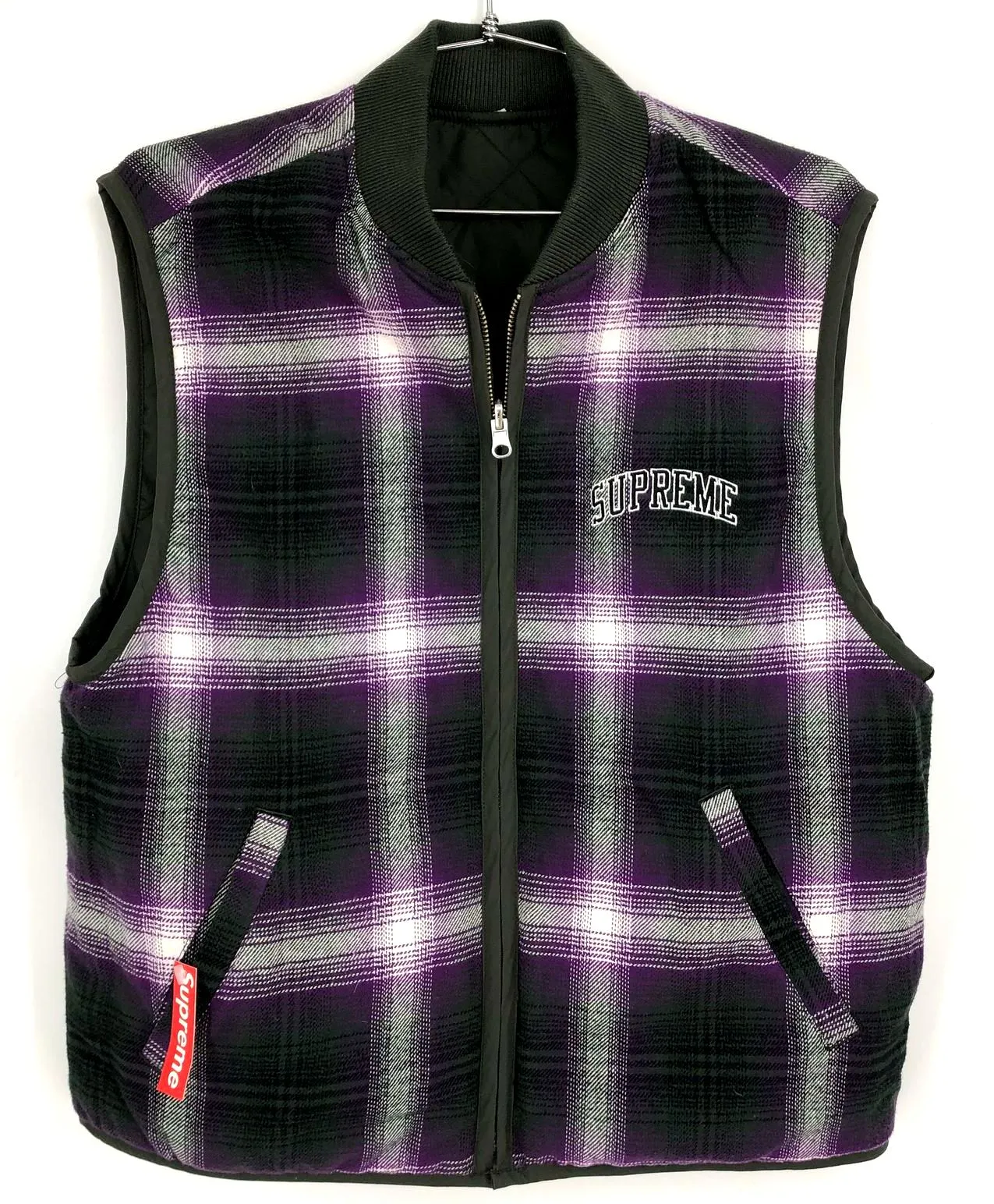 NWT Supreme Men's Purple/Olive Green Reversible Shadow Plaid Zip Vest - Size S