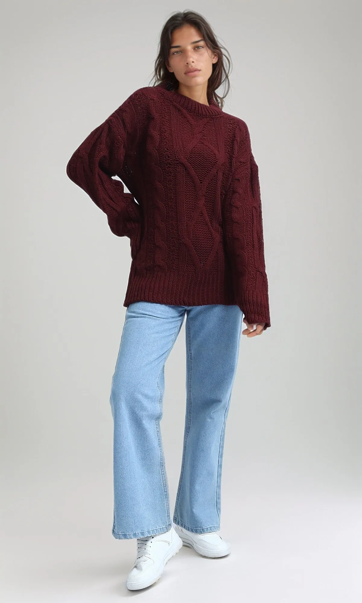 O192849 Dropped Shoulder Oversized Knitted Pullover - Burgundy