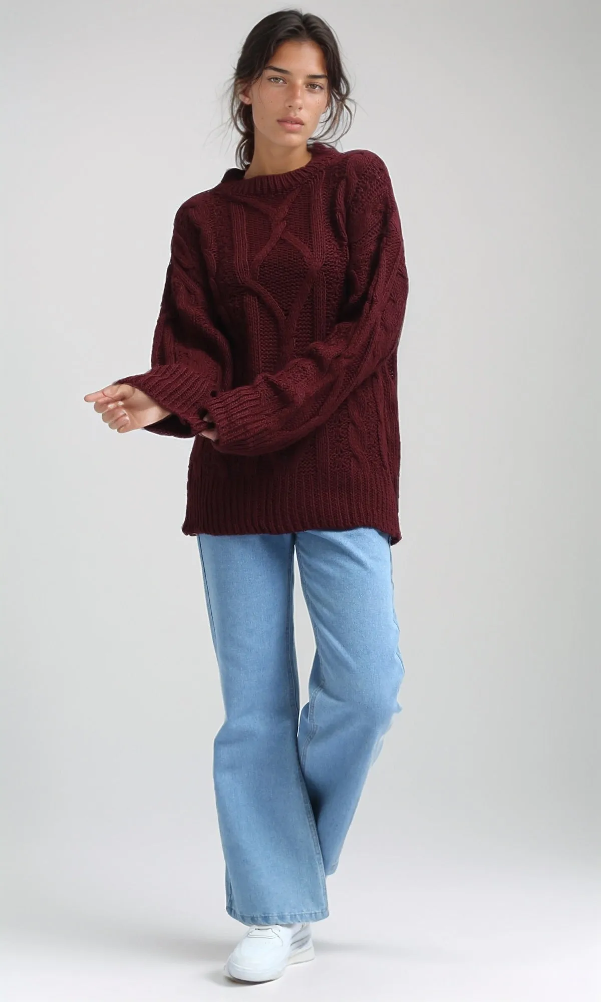 O192849 Dropped Shoulder Oversized Knitted Pullover - Burgundy