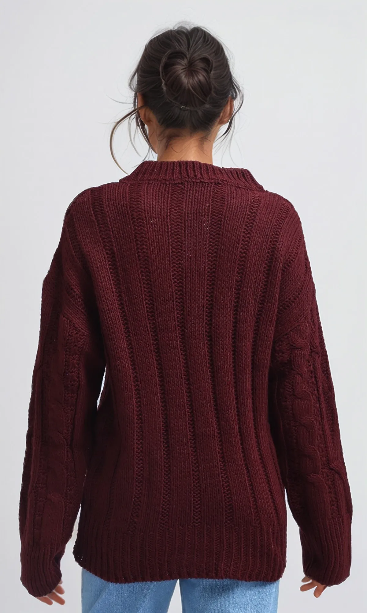 O192849 Dropped Shoulder Oversized Knitted Pullover - Burgundy