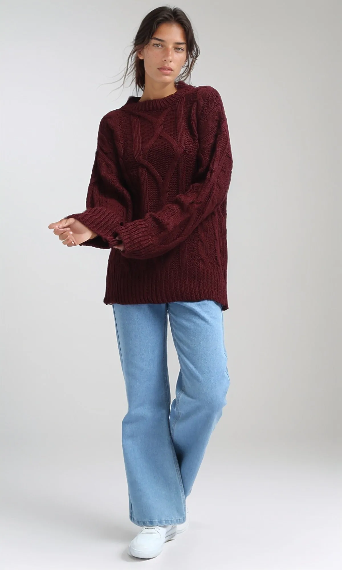 O192849 Dropped Shoulder Oversized Knitted Pullover - Burgundy