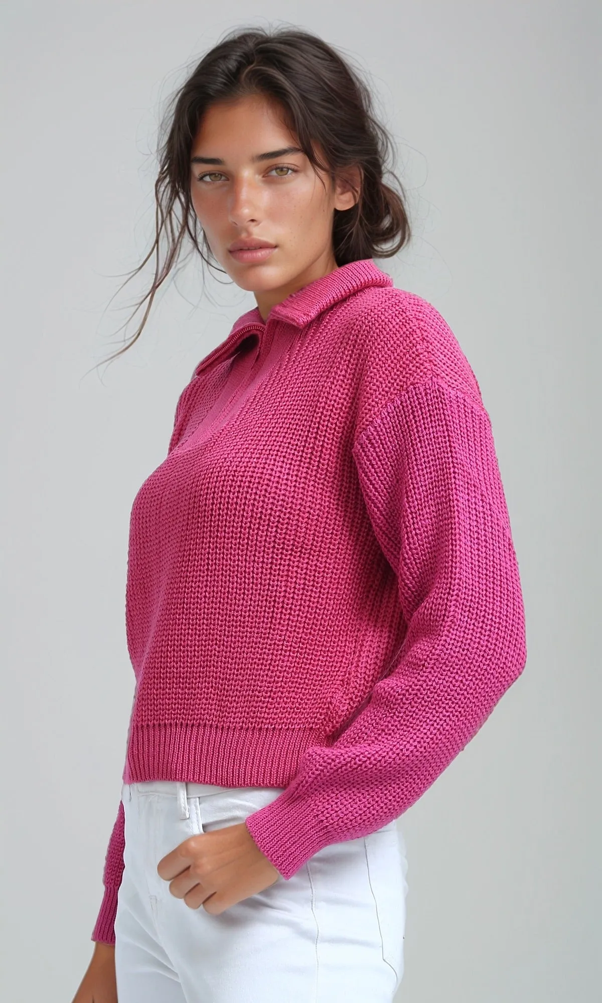 O198705 Long Sleeves Regular Fit Zipped Pullover - Fuchsia