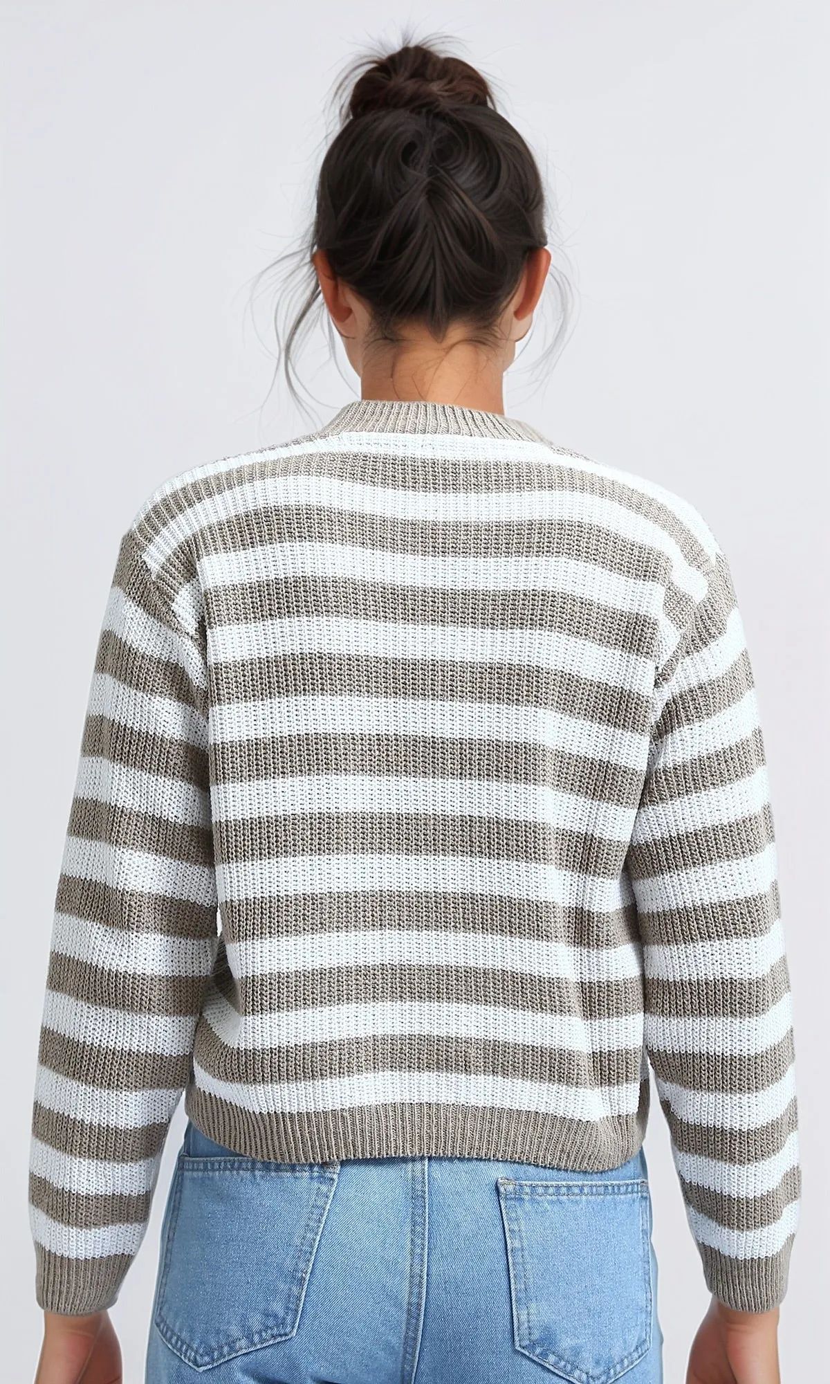 O200311 Knitted Winter Cardigan - Beige & White