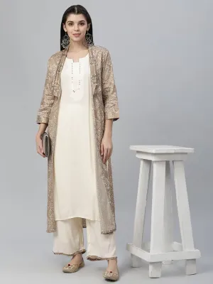 Off White Printed Jamdani Silk Shrug Rayon Kurta and Palazzo Set