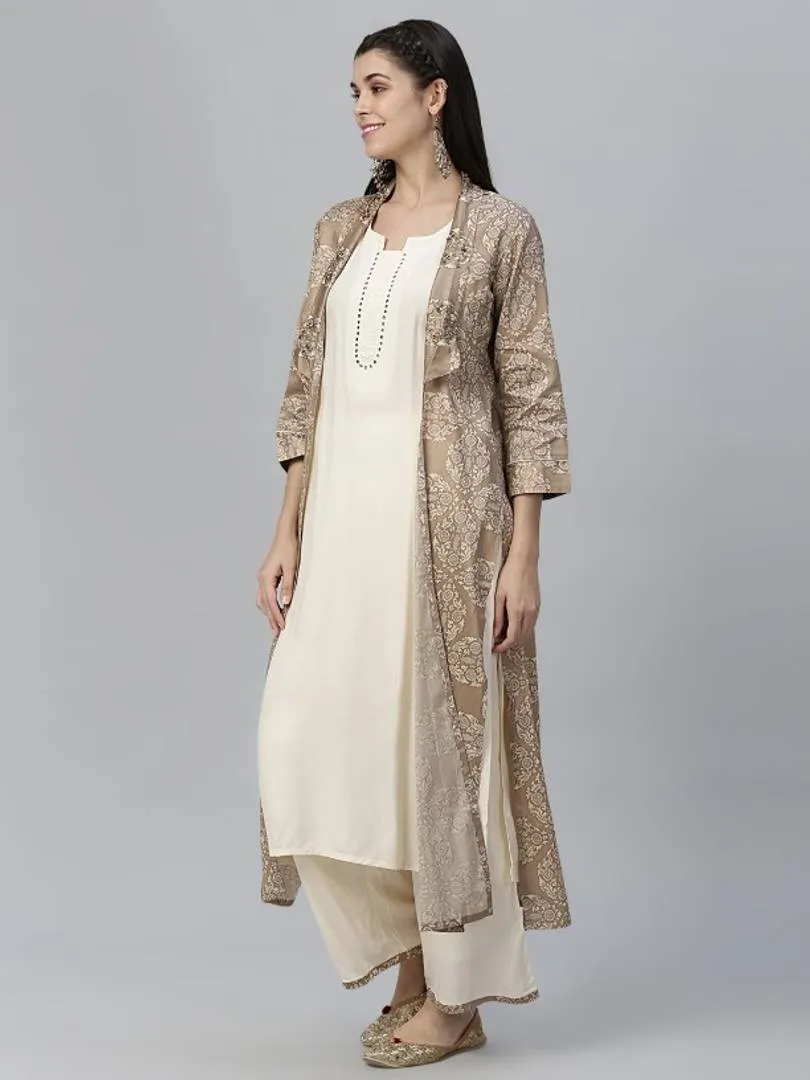 Off White Printed Jamdani Silk Shrug Rayon Kurta and Palazzo Set