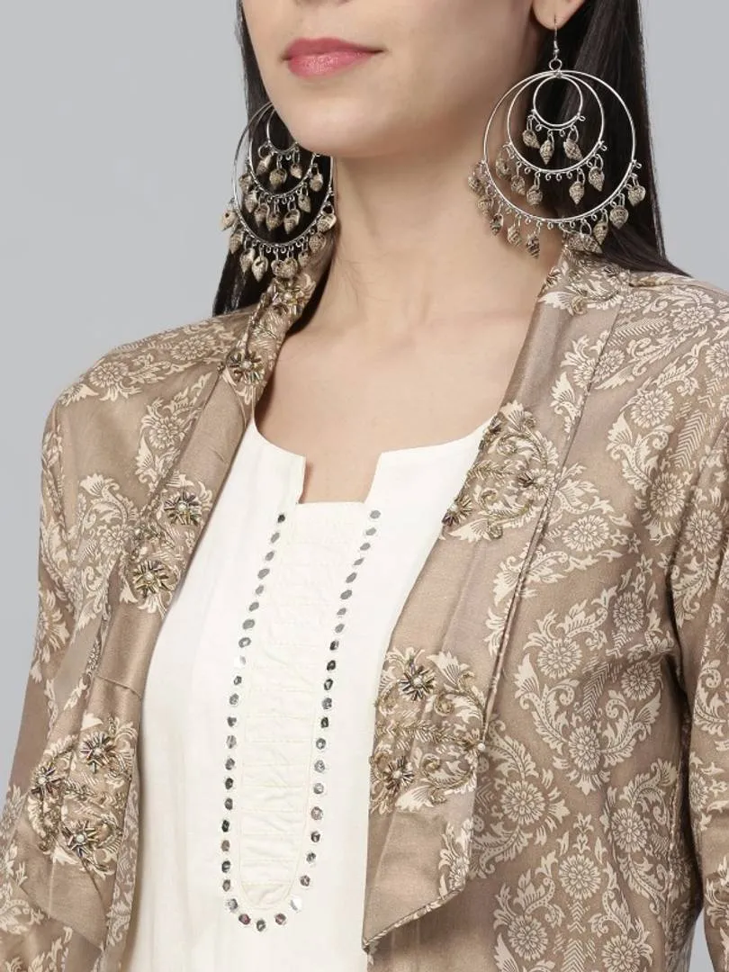 Off White Printed Jamdani Silk Shrug Rayon Kurta and Palazzo Set