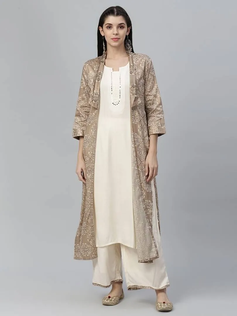 Off White Printed Jamdani Silk Shrug Rayon Kurta and Palazzo Set