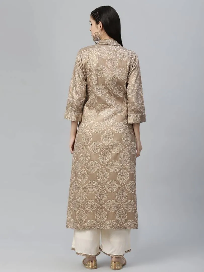 Off White Printed Jamdani Silk Shrug Rayon Kurta and Palazzo Set