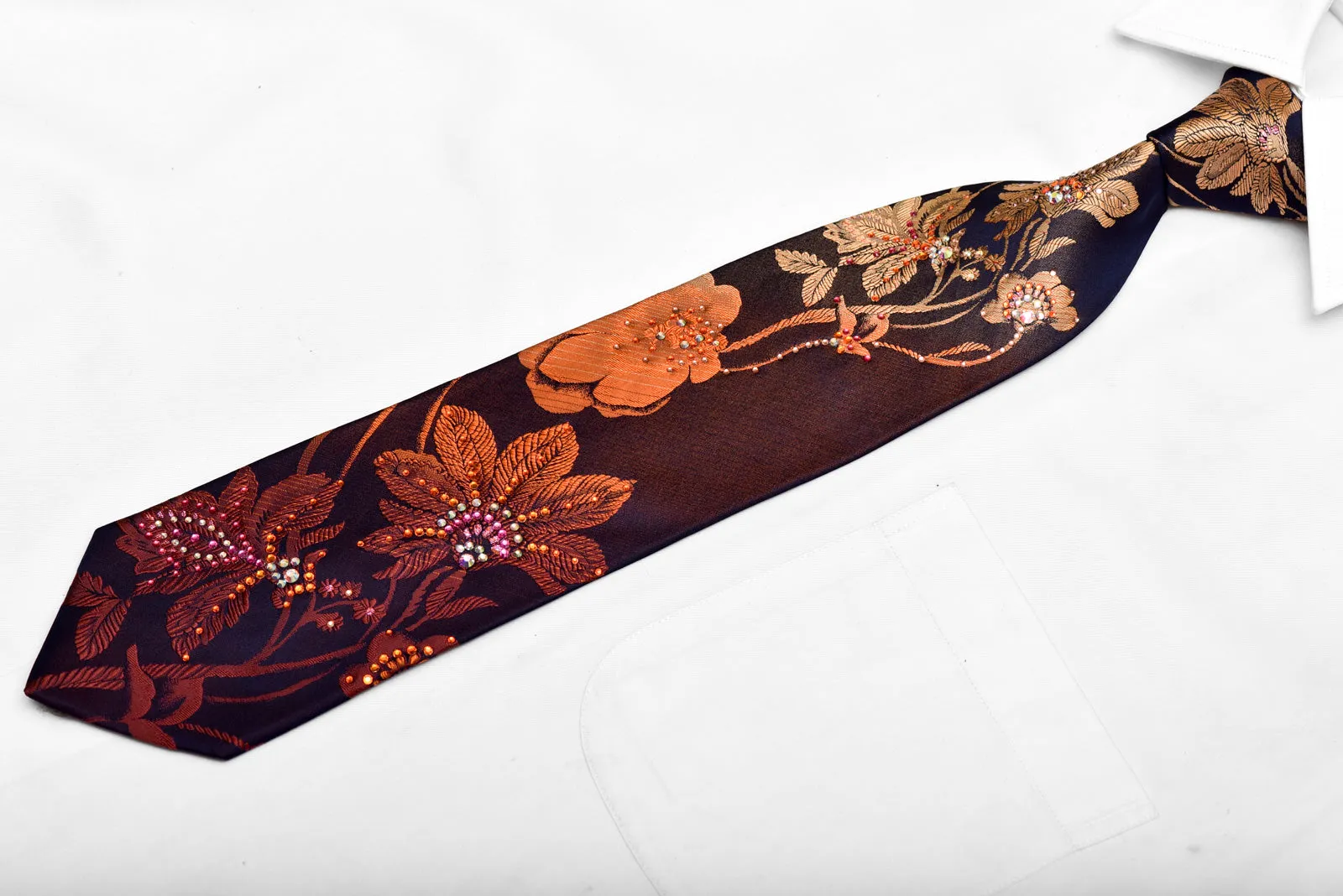 Orange Floral On Navy Rhinestone Silk Necktie