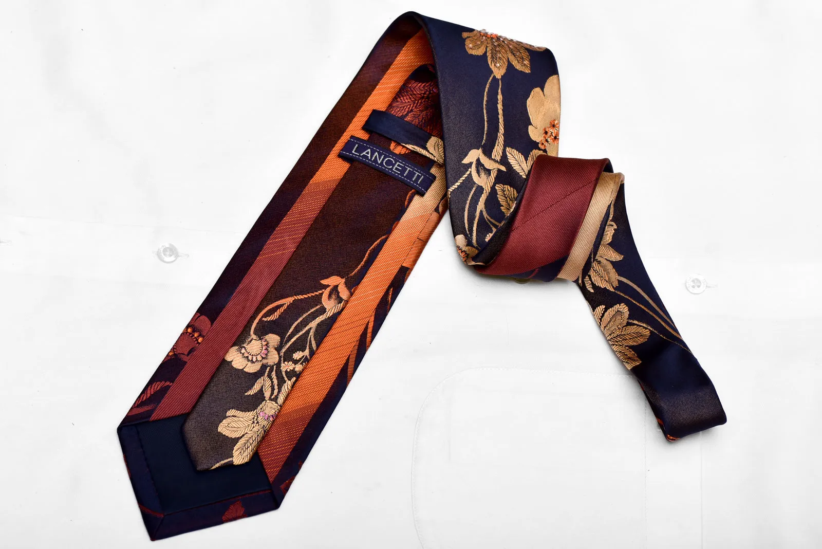 Orange Floral On Navy Rhinestone Silk Necktie
