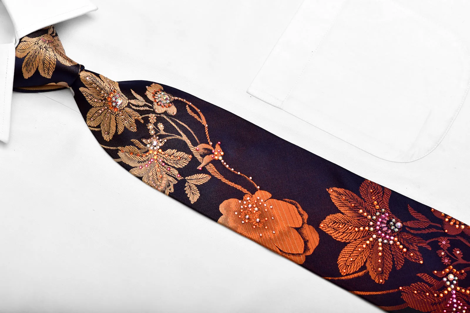 Orange Floral On Navy Rhinestone Silk Necktie