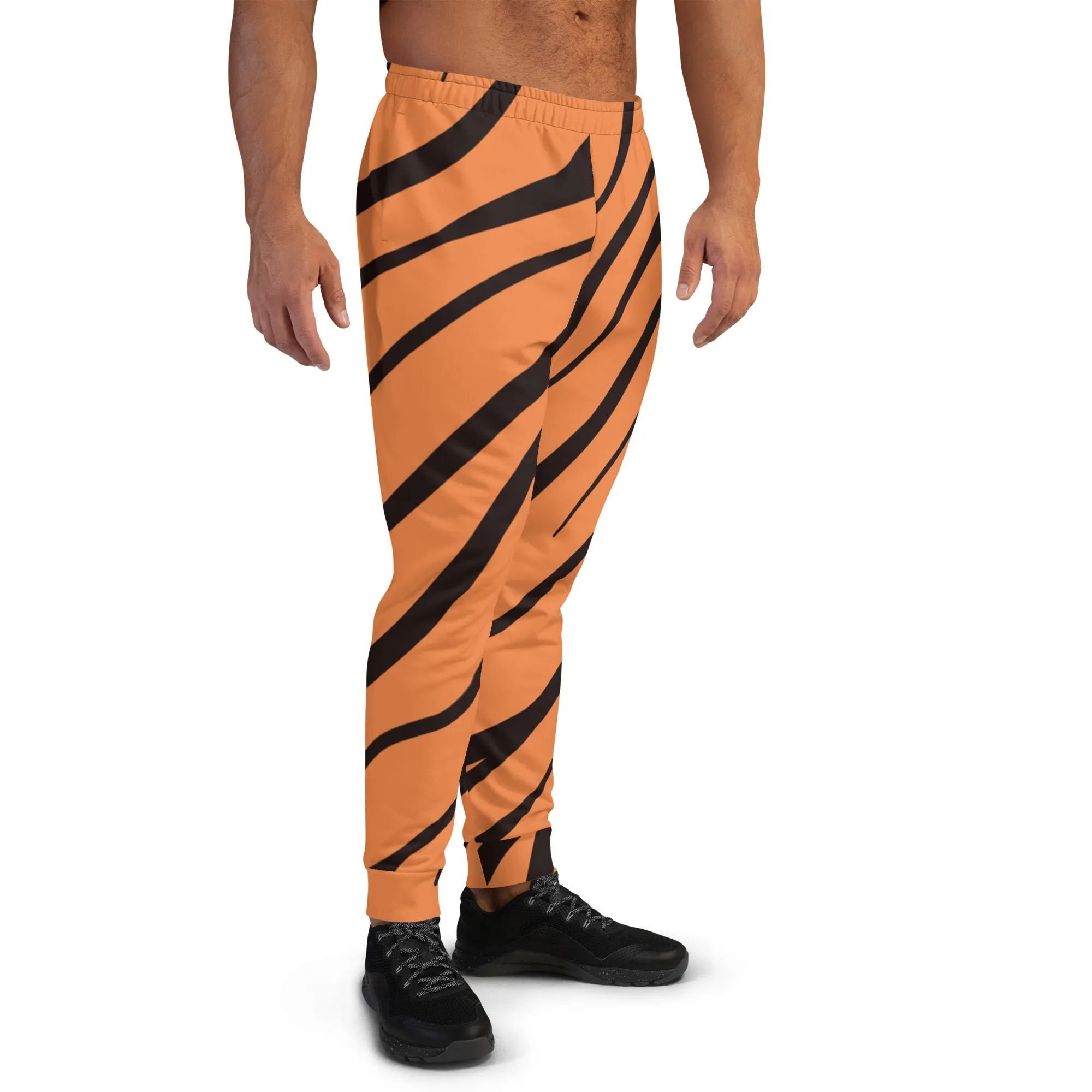 Orange Tiger Striped Men's Joggers, Best Premium Tiger Stripe Pants For Men - Made in USA/EU/MX