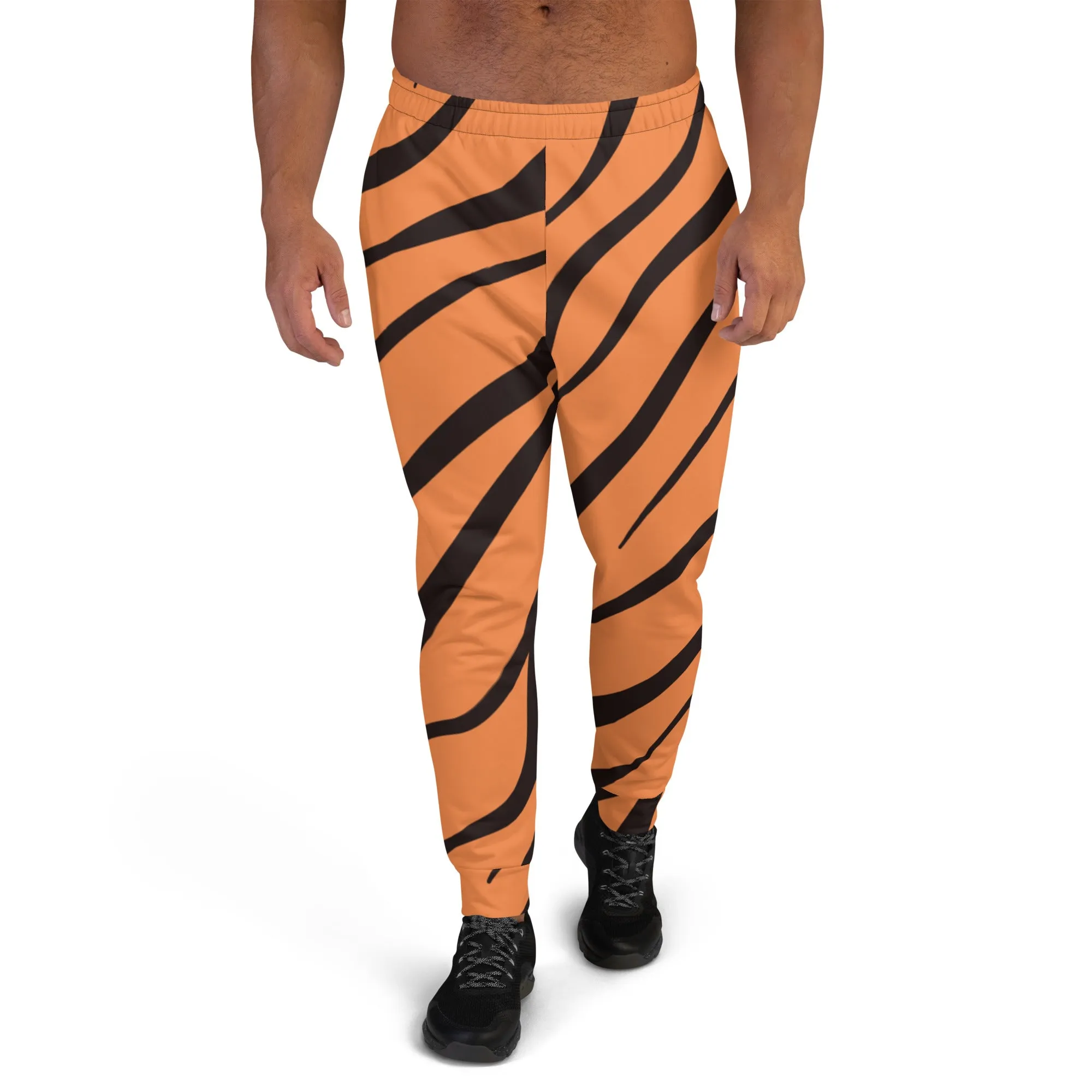 Orange Tiger Striped Men's Joggers, Best Premium Tiger Stripe Pants For Men - Made in USA/EU/MX