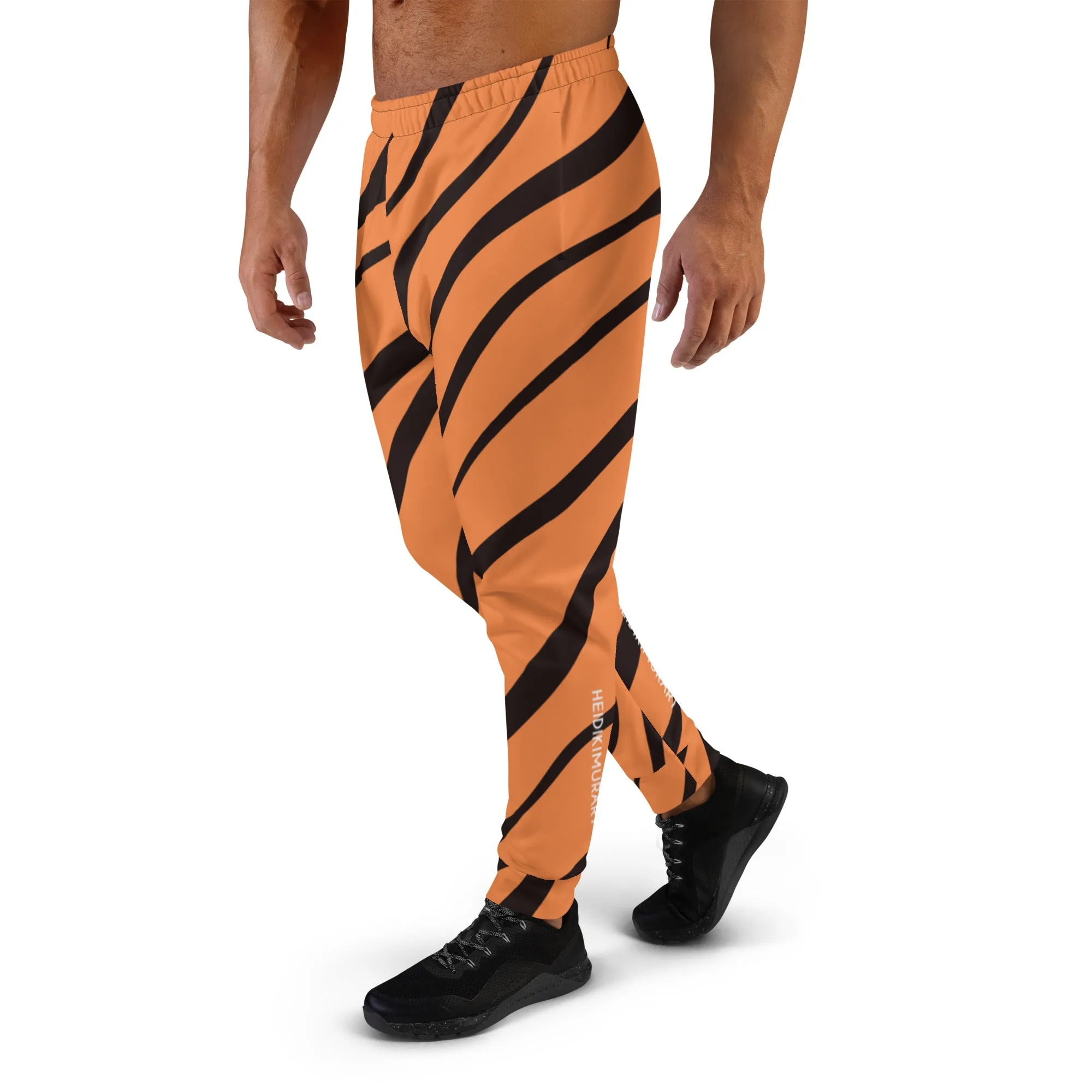 Orange Tiger Striped Men's Joggers, Best Premium Tiger Stripe Pants For Men - Made in USA/EU/MX