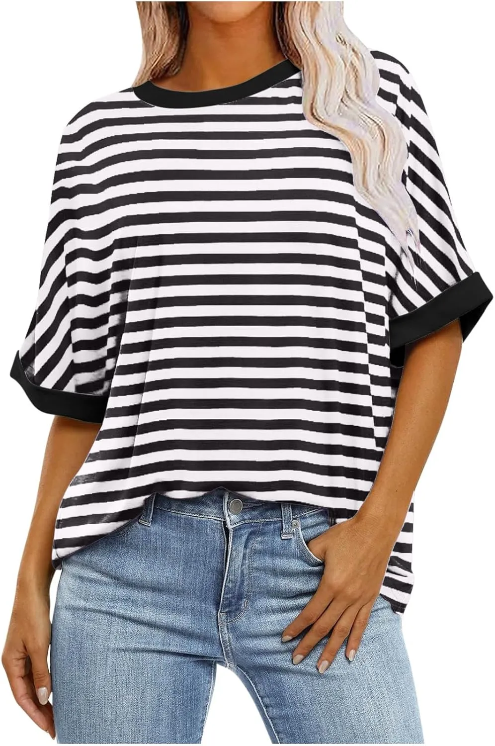 Oversized T Shirts for Women Short Sleeve Crewneck Summer Tops Casual Loose Striped Tee Shirts Trendy Clothes