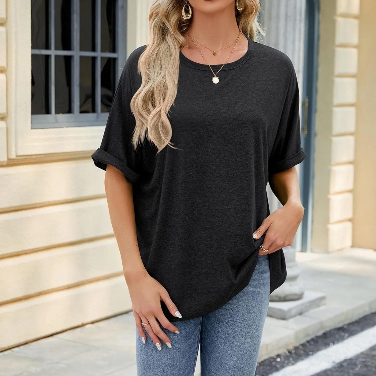 Oversized Tshirts for Women Crew Neck Rolled Elbow Length Summer Tops Dressy Half Sleeve Loose Fit Cute Shirts