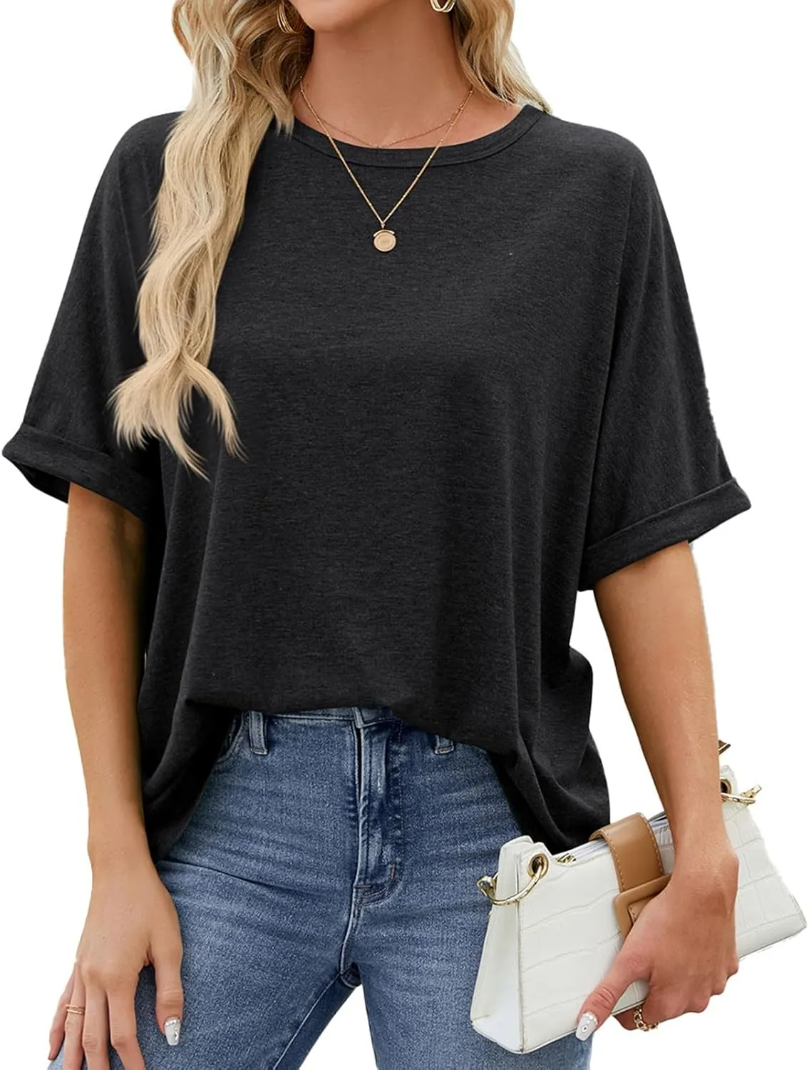 Oversized Tshirts for Women Crew Neck Rolled Elbow Length Summer Tops Dressy Half Sleeve Loose Fit Cute Shirts