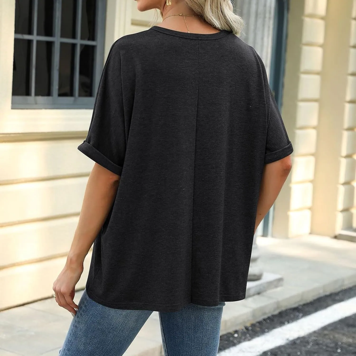 Oversized Tshirts for Women Crew Neck Rolled Elbow Length Summer Tops Dressy Half Sleeve Loose Fit Cute Shirts
