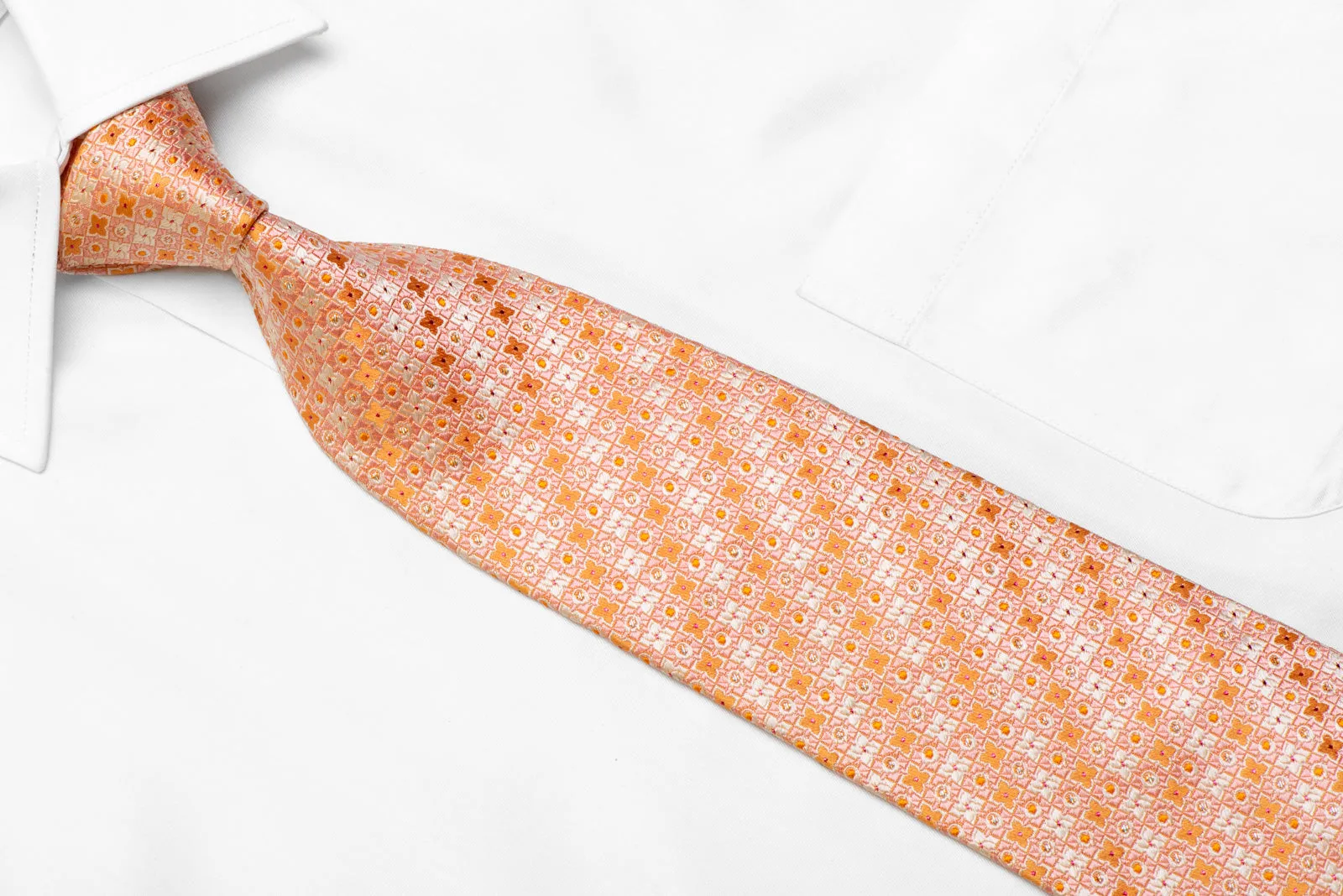 Peach Orange Foulard Men's Silk Necktie With Silver Purple Sparkles