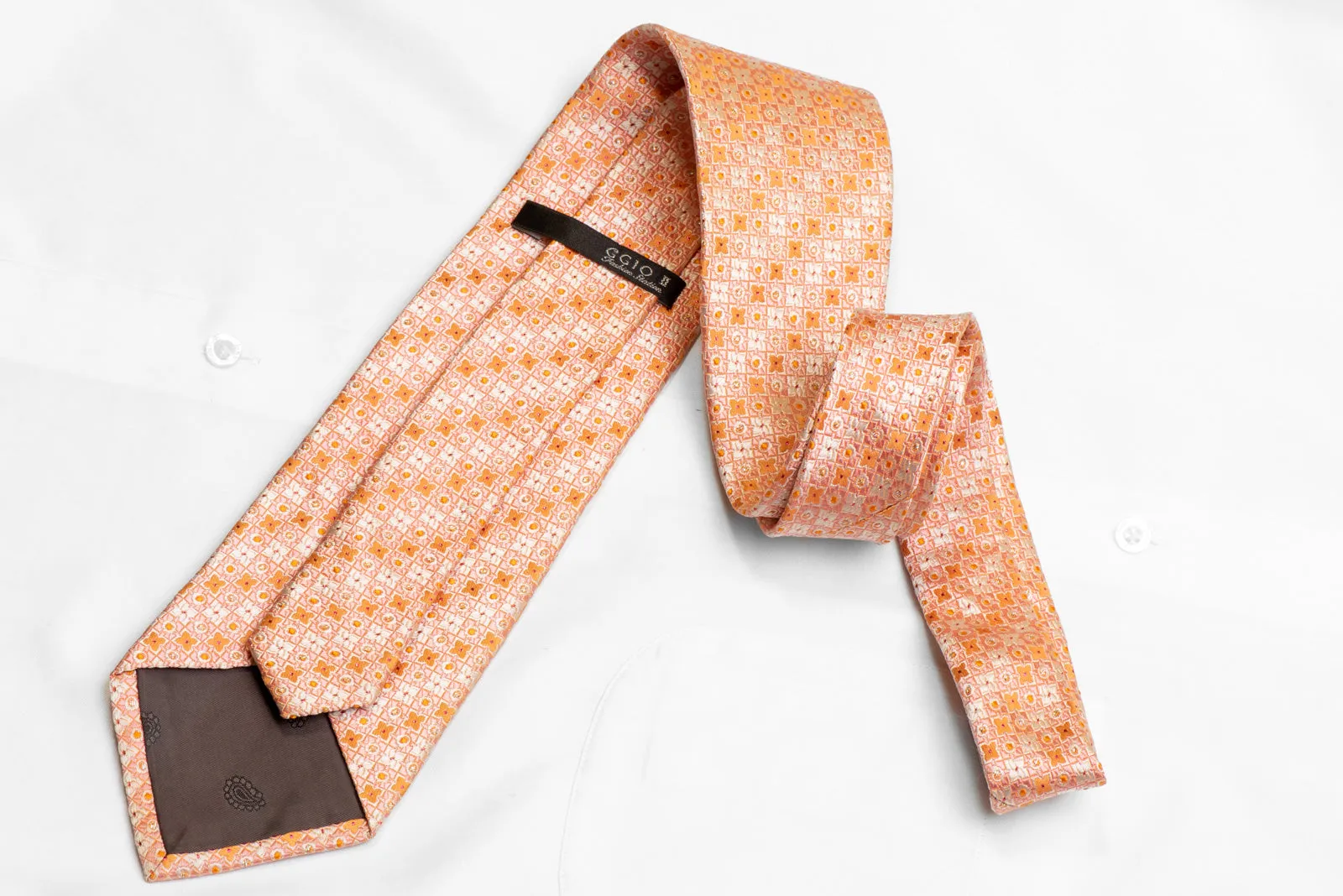 Peach Orange Foulard Men's Silk Necktie With Silver Purple Sparkles