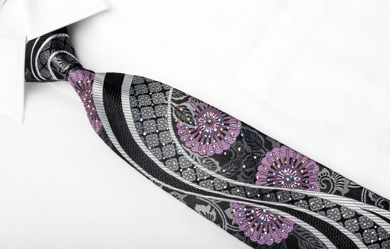 Perry Ellis Men's Crystal Rhinestone Necktie Silver Purple Waves & Floral On Black With Silver Sparkles