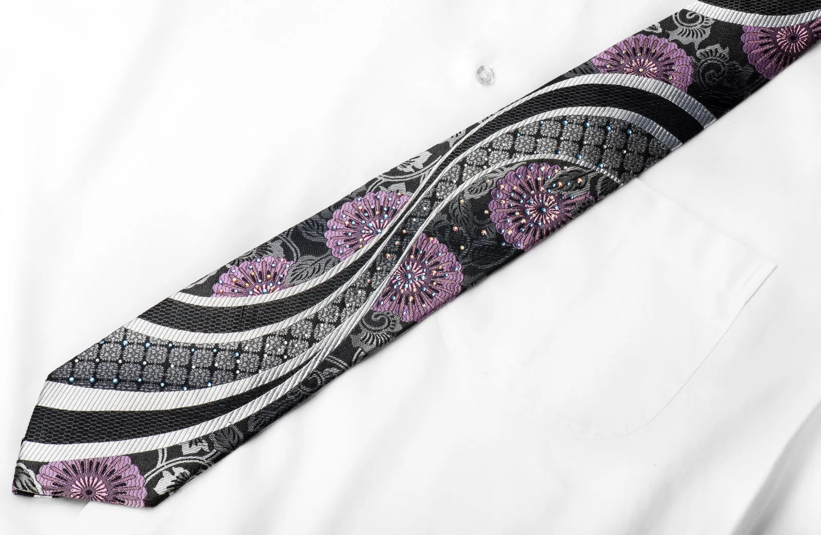 Perry Ellis Men's Crystal Rhinestone Necktie Silver Purple Waves & Floral On Black With Silver Sparkles