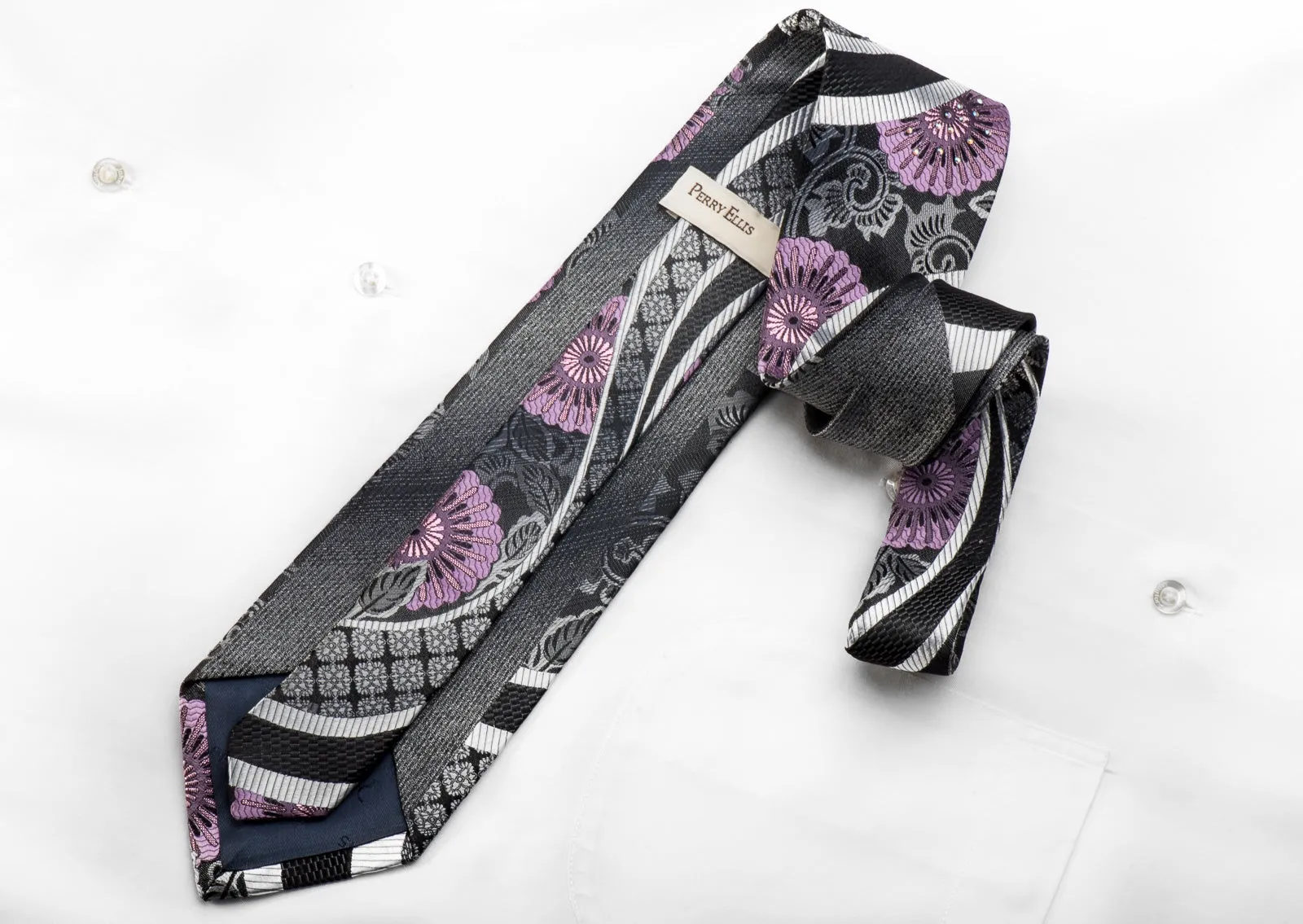Perry Ellis Men's Crystal Rhinestone Necktie Silver Purple Waves & Floral On Black With Silver Sparkles