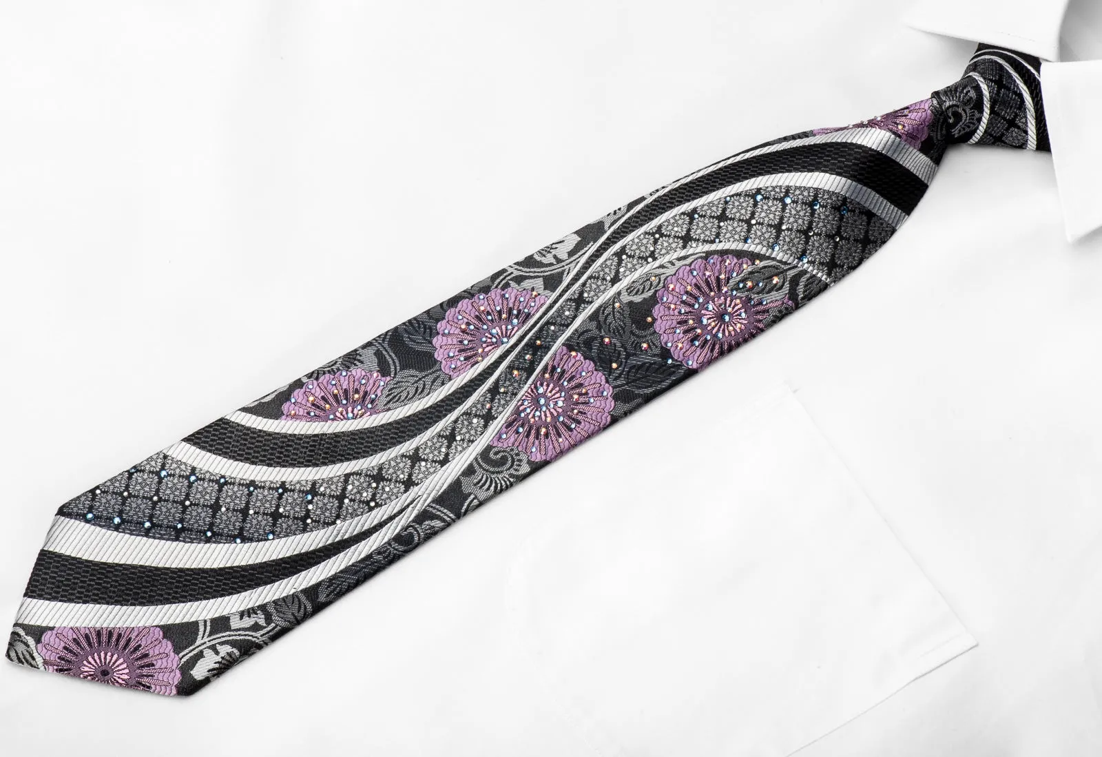 Perry Ellis Men's Crystal Rhinestone Necktie Silver Purple Waves & Floral On Black With Silver Sparkles