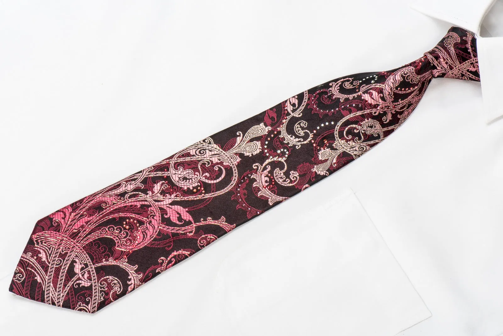 Perry Ellis Men's Crystal Silk Tie Burgundy Acanthus On Black With Silver Sparkles