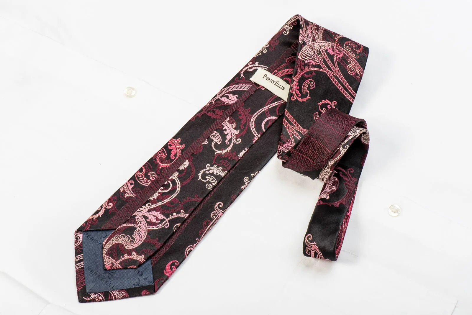 Perry Ellis Men's Crystal Silk Tie Burgundy Acanthus On Black With Silver Sparkles
