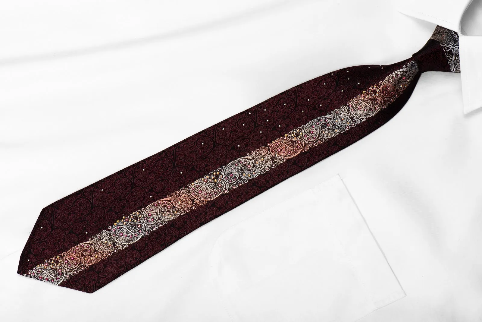 Perry Ellis Men's Crystal Silk Tie Silver Burgundy Paisley On Black With Silver Sparkles