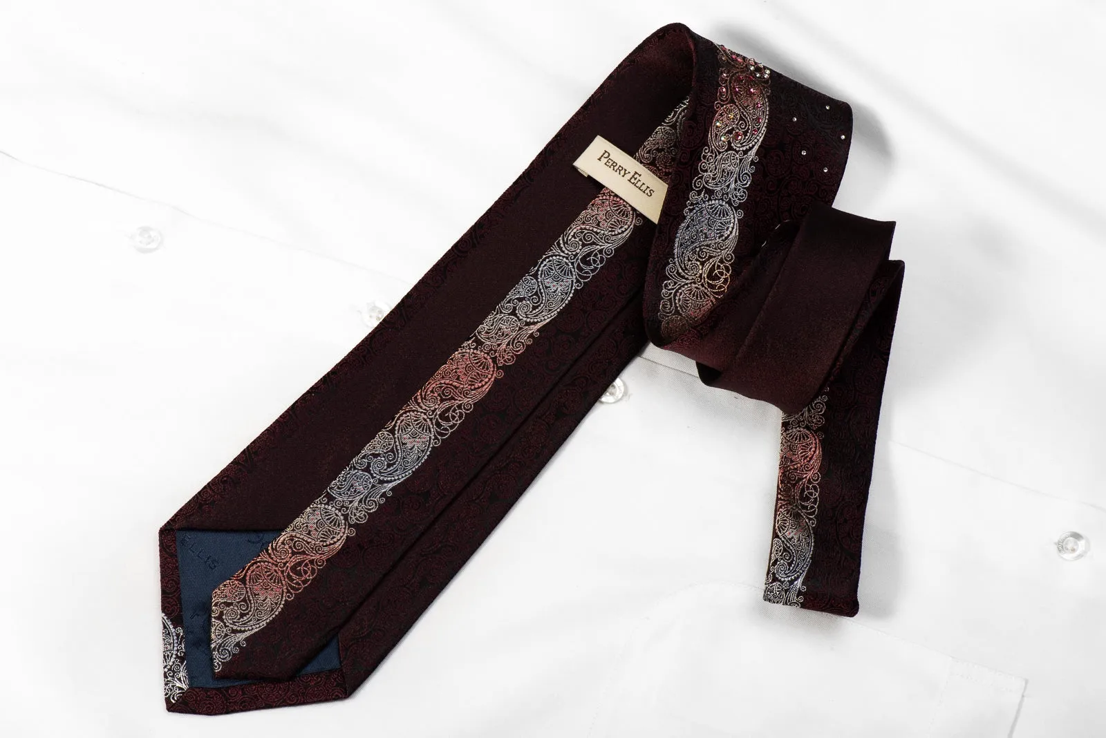 Perry Ellis Men's Crystal Silk Tie Silver Burgundy Paisley On Black With Silver Sparkles