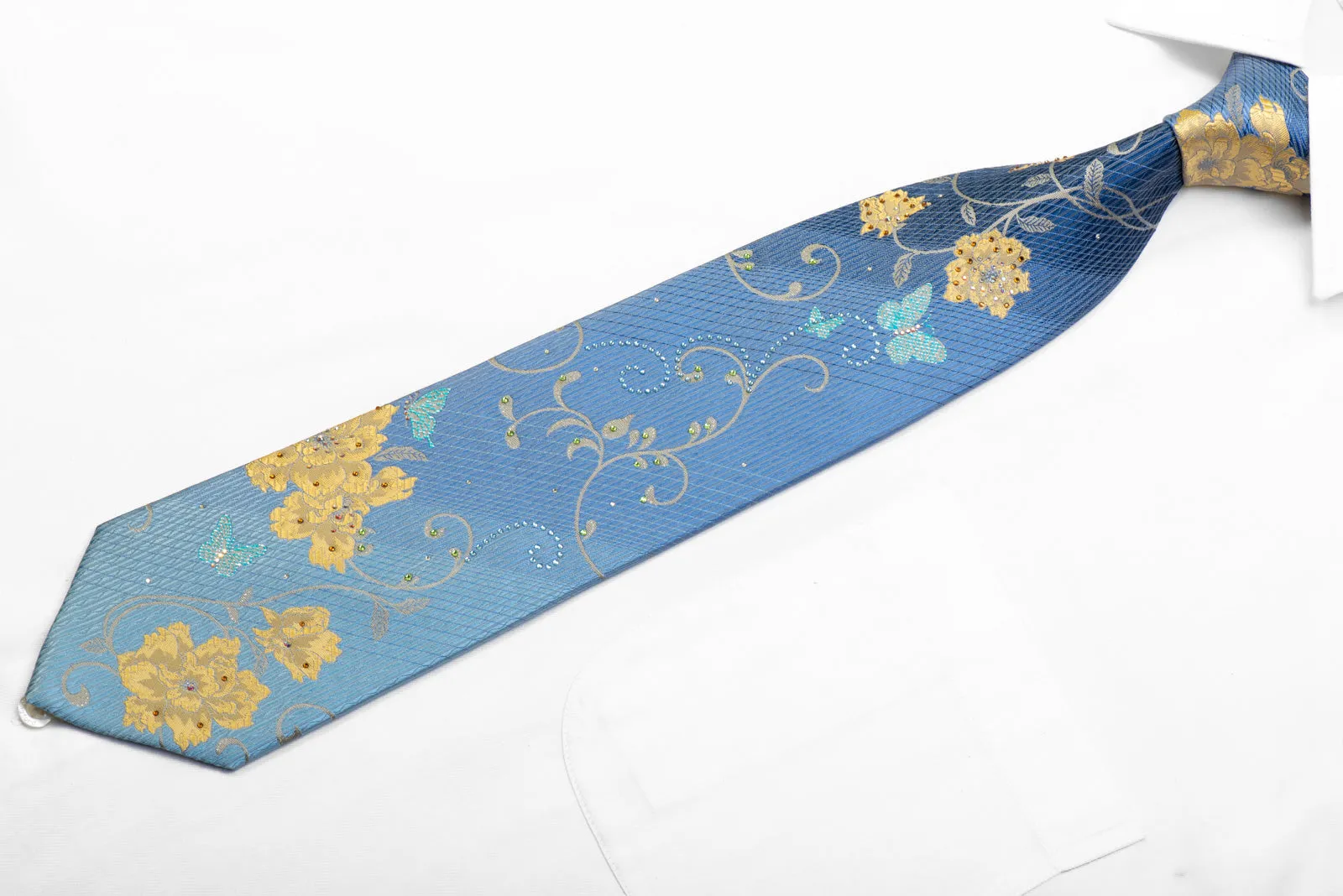 Perry Ellis Rhinestone Silk Tie Gold Floral Butterfly Scrolls On Blue With Sparkles