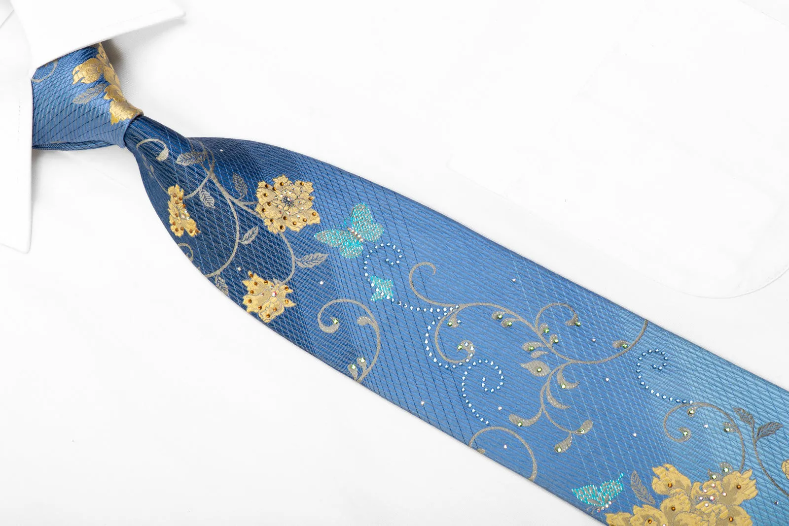 Perry Ellis Rhinestone Silk Tie Gold Floral Butterfly Scrolls On Blue With Sparkles