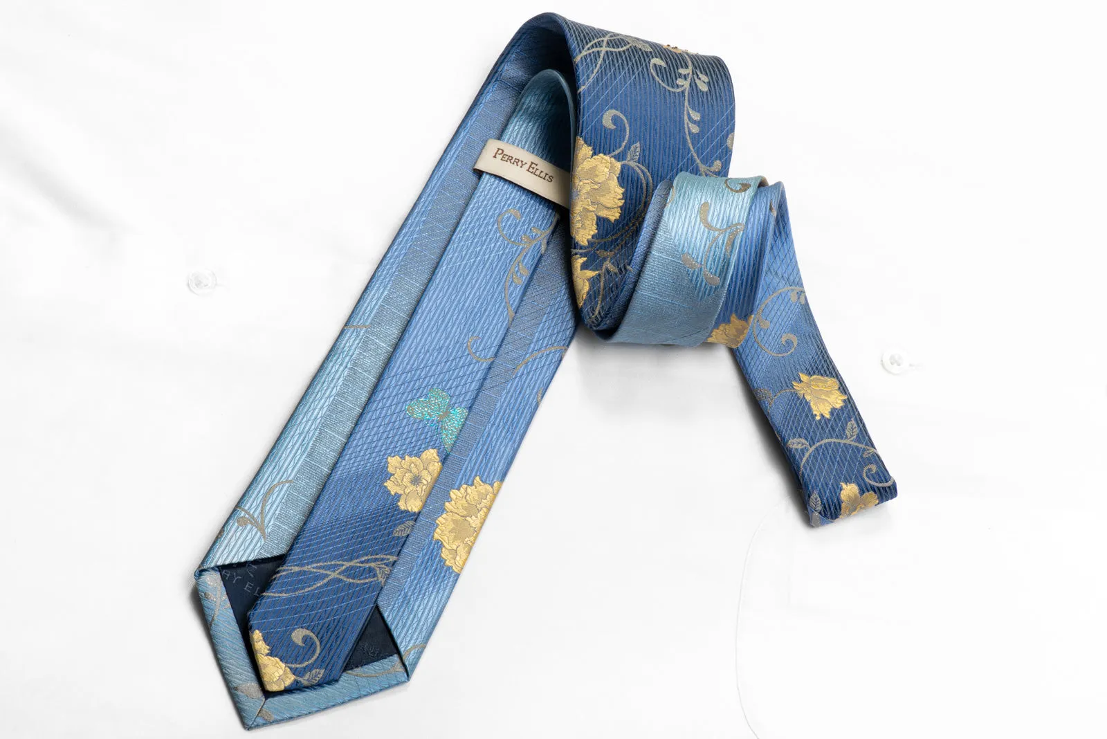 Perry Ellis Rhinestone Silk Tie Gold Floral Butterfly Scrolls On Blue With Sparkles