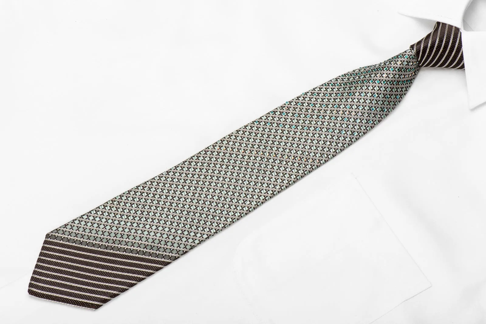 Pierre Cardin Men's Crystal Silk Necktie Silver Checker & Stripes On Black With Silver Sparkles