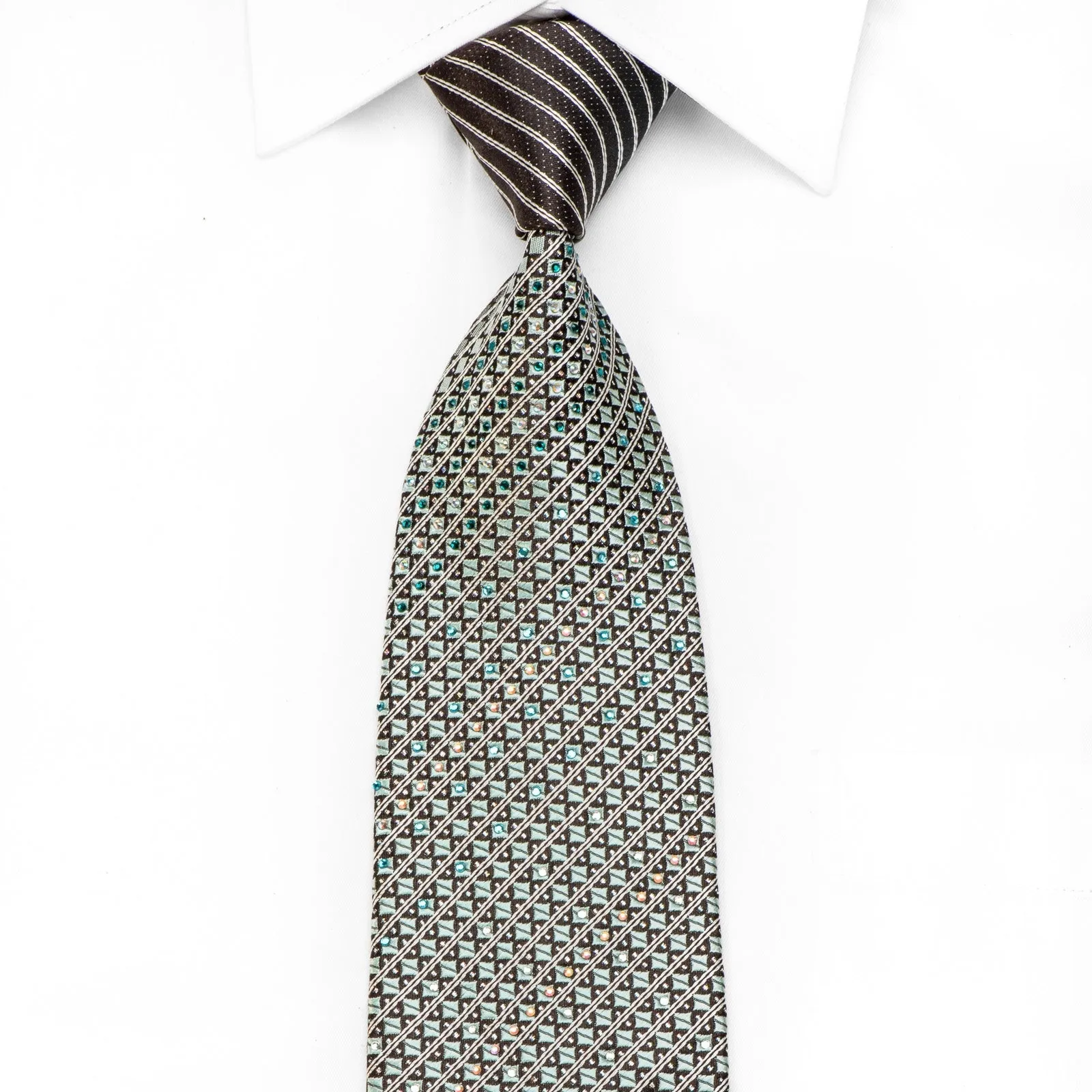 Pierre Cardin Men's Crystal Silk Necktie Silver Checker & Stripes On Black With Silver Sparkles