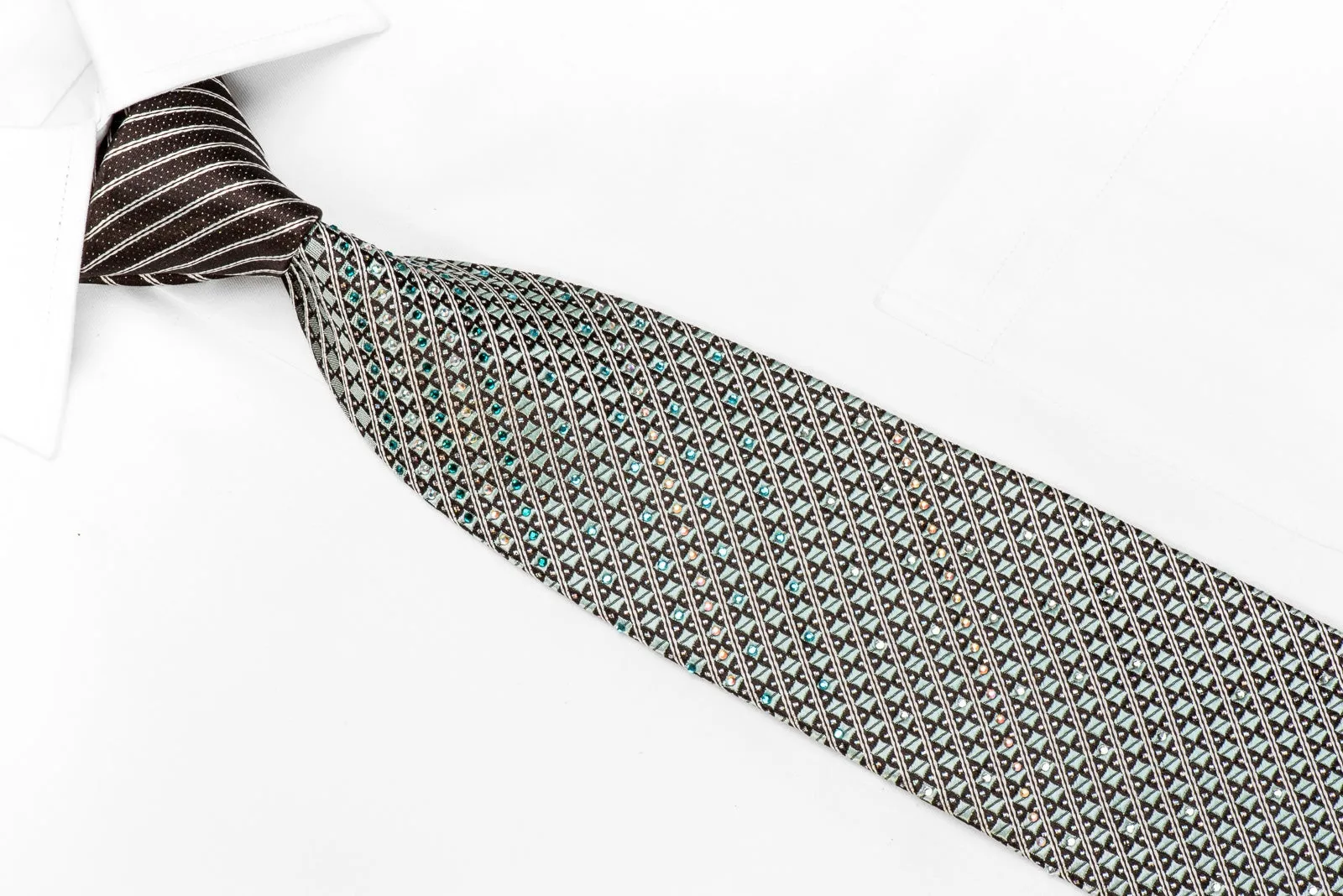 Pierre Cardin Men's Crystal Silk Necktie Silver Checker & Stripes On Black With Silver Sparkles