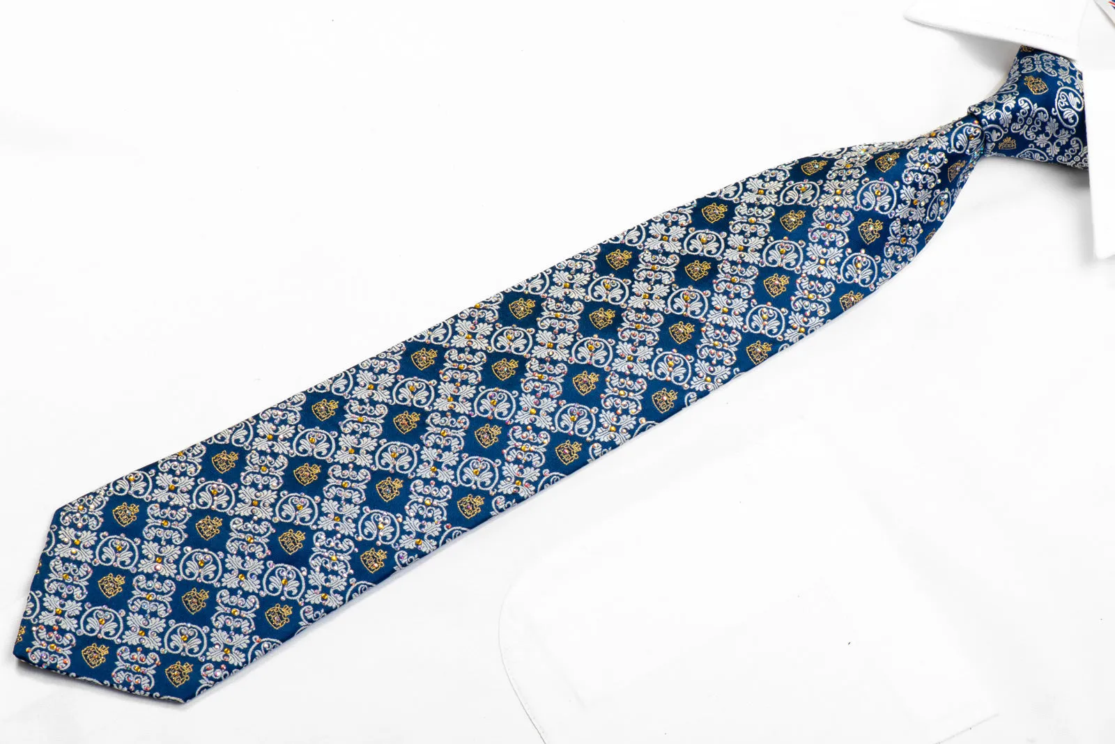 Pierre Cardin Men's Rhinestone Silk Tie Silver Cartouche On Blue With Gold Sparkles