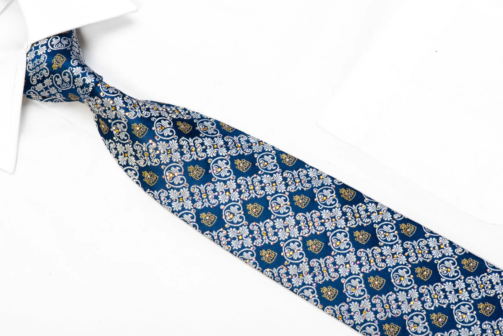 Pierre Cardin Men's Rhinestone Silk Tie Silver Cartouche On Blue With Gold Sparkles