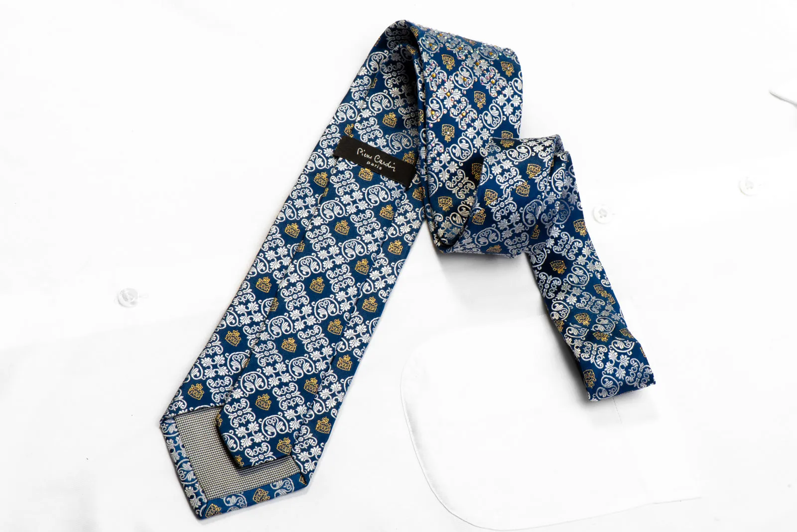 Pierre Cardin Men's Rhinestone Silk Tie Silver Cartouche On Blue With Gold Sparkles