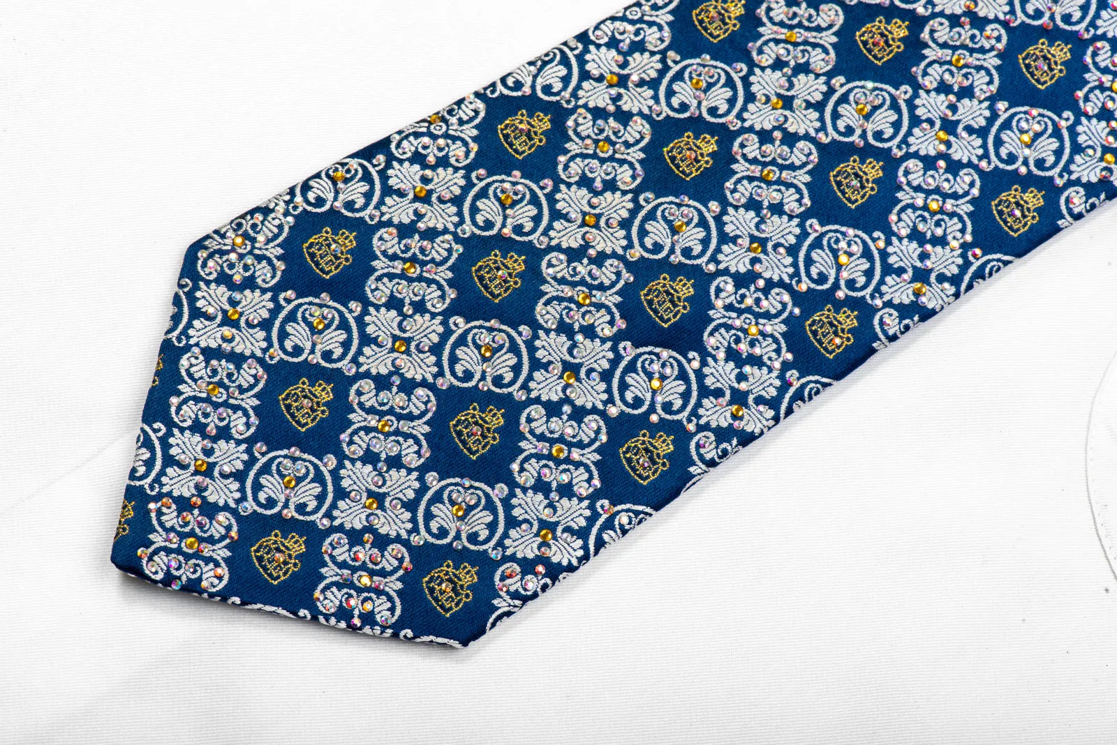Pierre Cardin Men's Rhinestone Silk Tie Silver Cartouche On Blue With Gold Sparkles