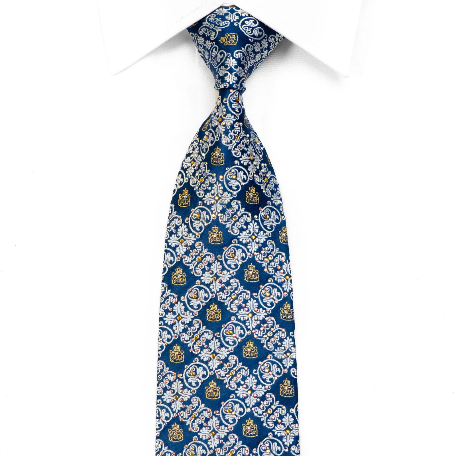 Pierre Cardin Men's Rhinestone Silk Tie Silver Cartouche On Blue With Gold Sparkles