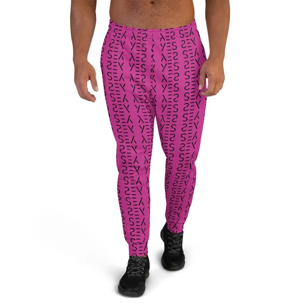 Pink Abstract Men's Sweatpants, Best Hot Pink Yes Graphic Print Premium Men's Joggers Casual Sweatpants- Made in EU