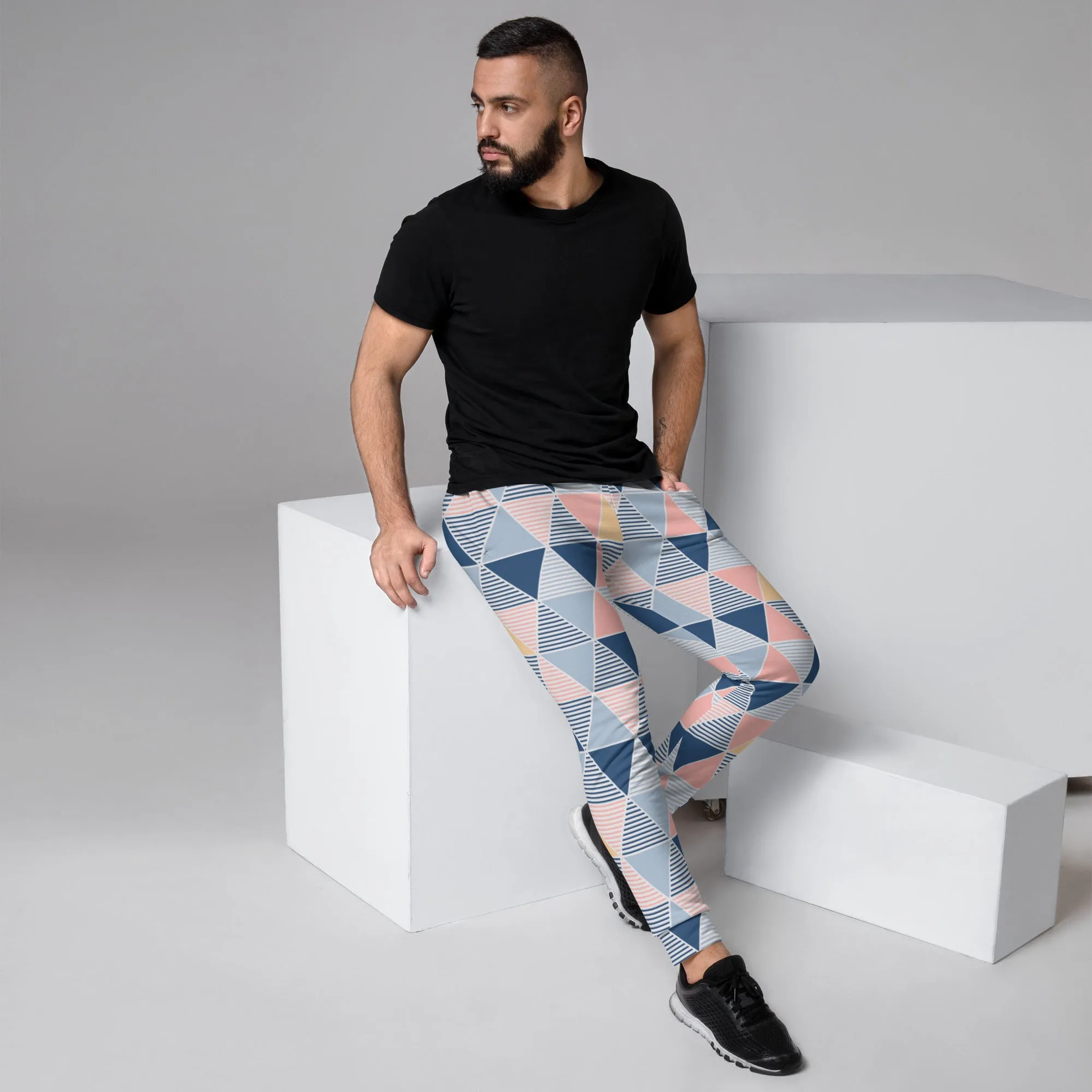 Pink Blue Triangular Men's Joggers, Abstract Print Designer Slim-Fit Ultra Soft Comfy Men's Pants - Made in USA/EU/MX