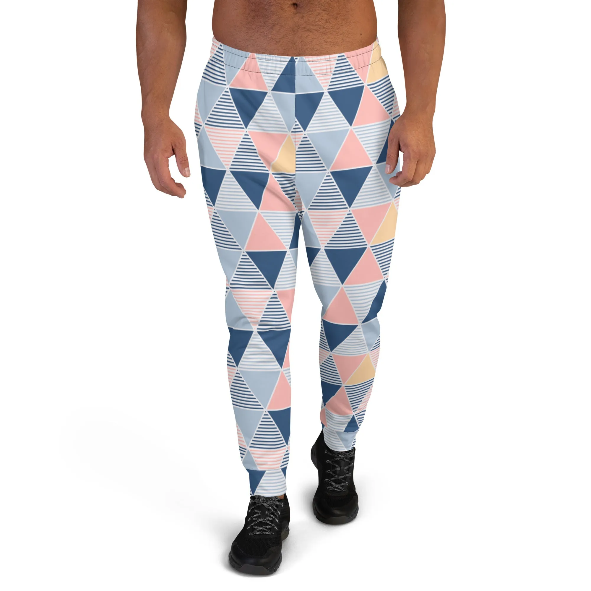 Pink Blue Triangular Men's Joggers, Abstract Print Designer Slim-Fit Ultra Soft Comfy Men's Pants - Made in USA/EU/MX